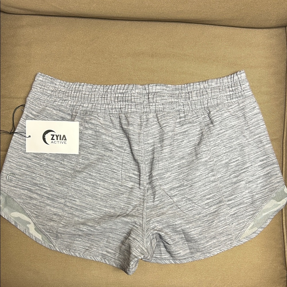 ZYIA Heather Gray Athletic Shorts with Camouflage Trim - Picture 4 of 7